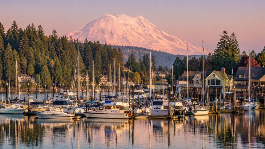 Serene Gig Harbor scene featuring boats in the marina with Mount Rainier in the background, ideal for Bellevue Limousine Service trips.