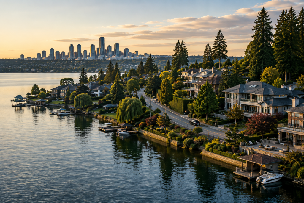 Scenic view of Medina waterfront with luxury homes and Bellevue skyline, highlighting Bellevue Limousine Service's elegance.