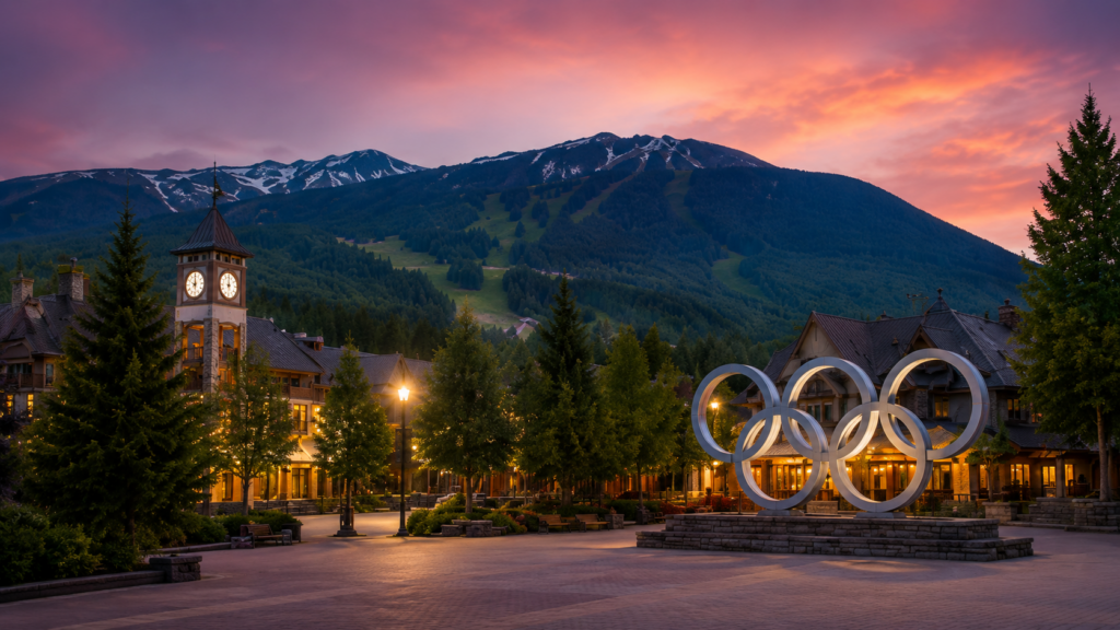 Sunset over Whistler, featuring Olympic rings and scenic mountains, ideal for exploring with Bellevue Limousine Service.
