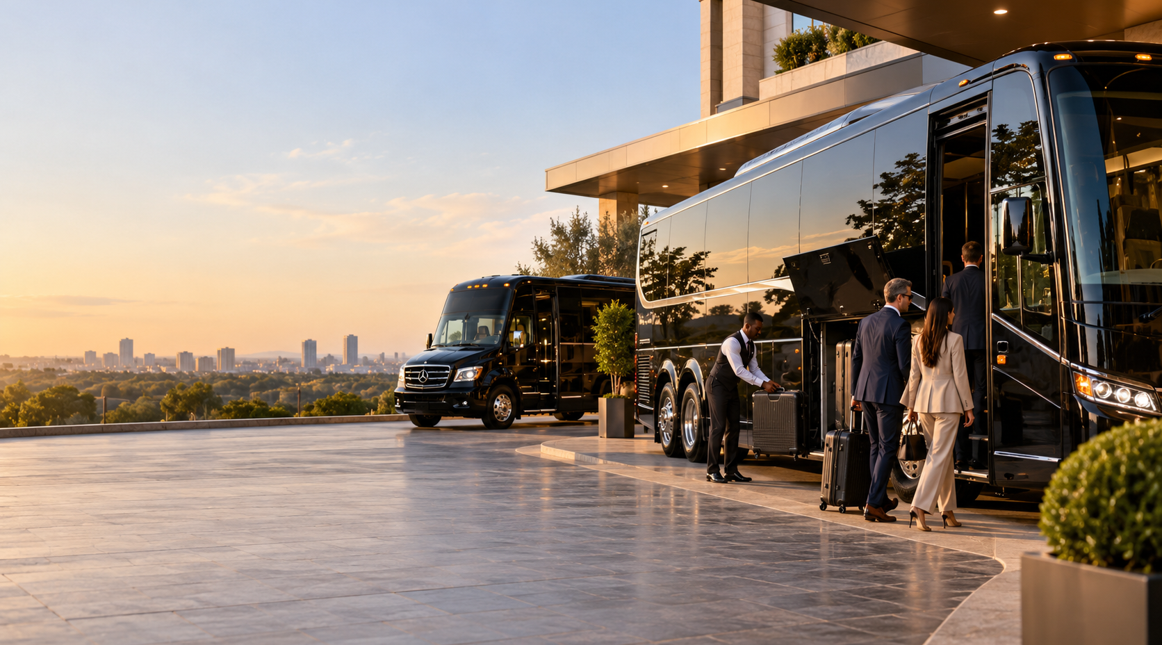 Luxury coaches await passengers at a hotel entrance, with a city skyline and sunset in the background.