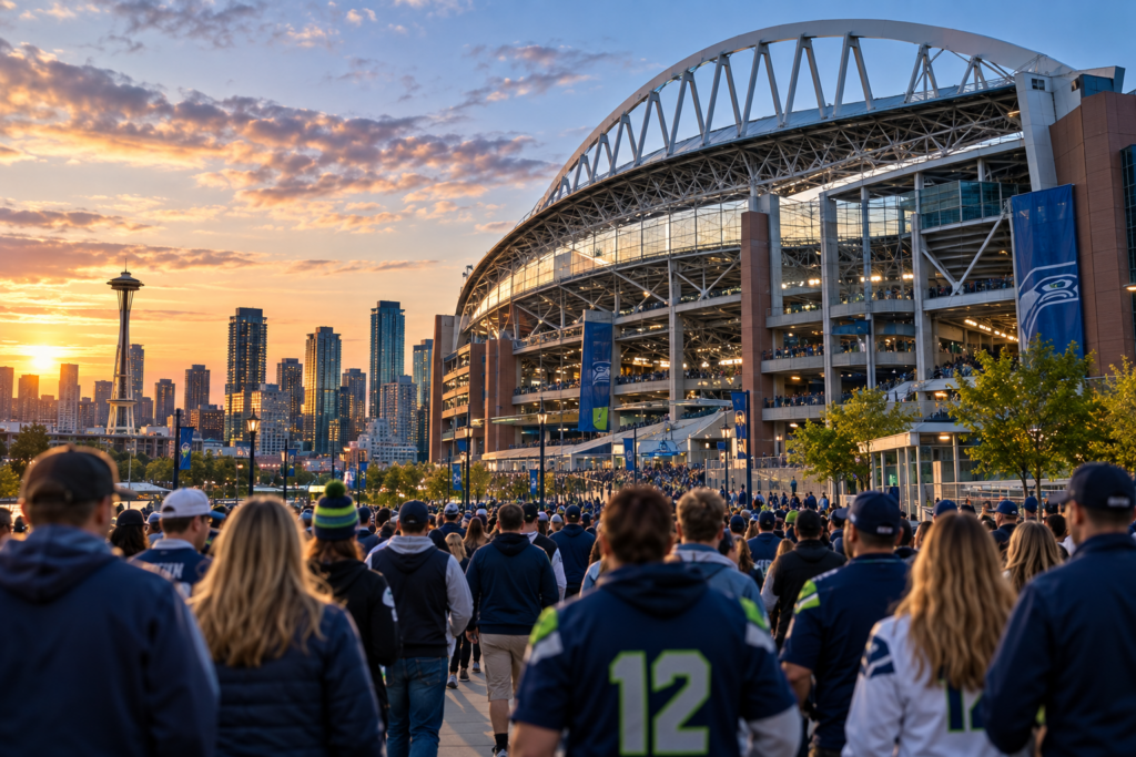 Crowd of fans in Seahawks gear walking towards the stadium at sunset, with Seattle's skyline in the background.